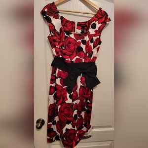 White House Black Market Red Rose Print Sheath Dress with Black Bow